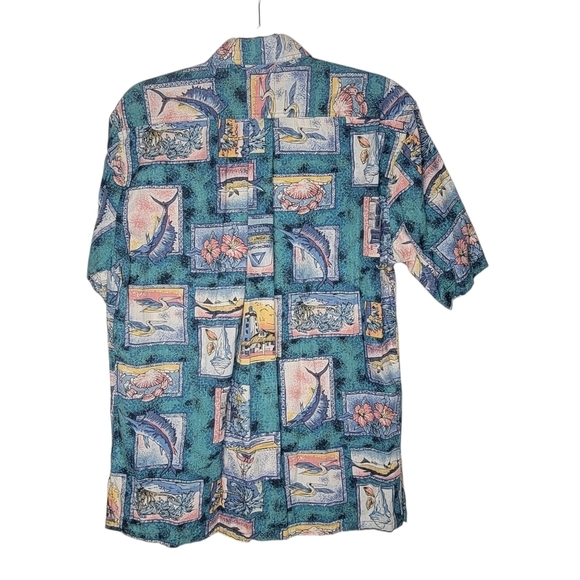 Vintage 90s Global Tracking Fish Flower Floral Post Card Hawaiian Shirt Size M - Picture 3 of 5